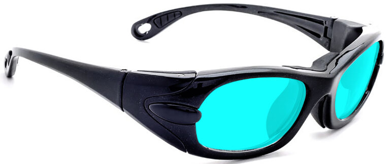 Model EGM Radiation and Laser Safety Glasses in Black with Blue Lenses, Side Right Angle