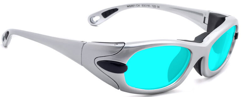 Model EGM Radiation and Laser Safety Glasses in Silver with Blue Lenses, Side Right Angle