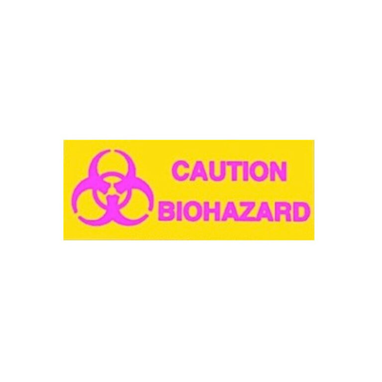 Biohazard Caution Sign in Yellow Plastic with Magenta Font