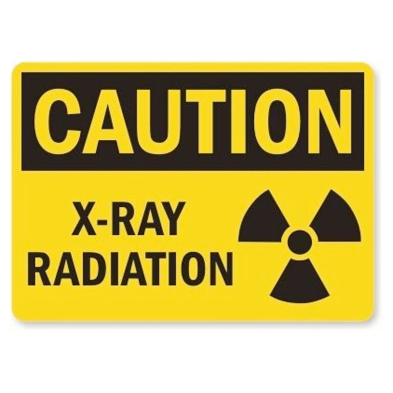 Plastic Yellow Caution X Ray Sign with Black Lettering and radiation symbol