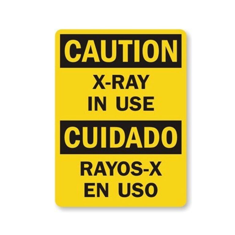 Yellow Warning sign Caution Text reads s-ray in use, sign is also in spanish