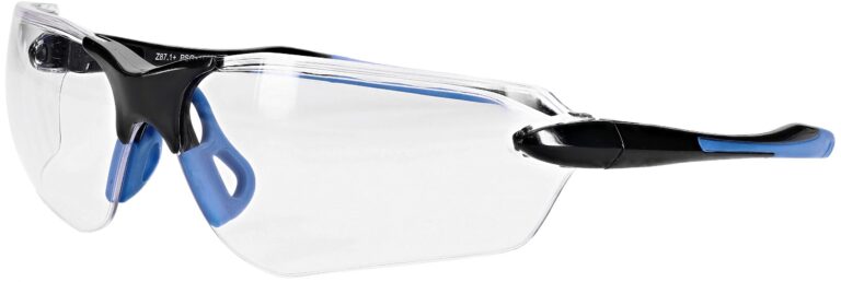 DirtyHog Safety Glasses in Black and Blue Frame with Clear Lenses Side Left Angle